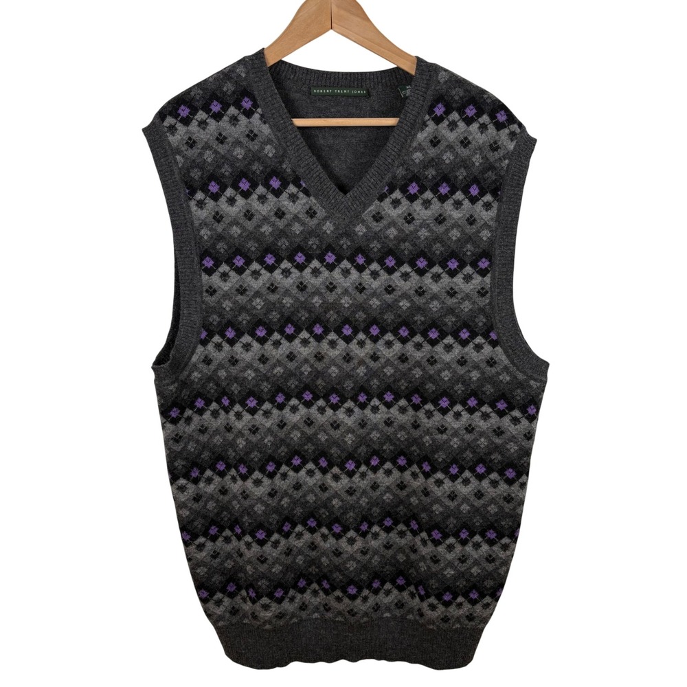 Robert Trent‎ Jones Alpaca Argyle V-Neck Vest Sweater Men's XL Gray Golf Grandpa